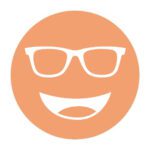 Circular icon with a smiling face wearing glasses in copper orange, representing the Cocoon Copper lens tint.