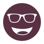 Circular icon with a smiling face wearing glasses in dark maroon, representing the CVD-B Outdoor Moderate lens tint.