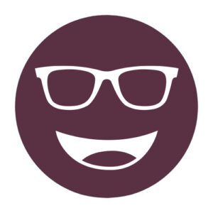 Circular icon with a smiling face wearing glasses in dark maroon, representing the CVD-B Outdoor Moderate lens tint.