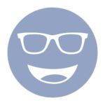 Circular icon with a smiling face wearing glasses in light blue, representing the E30 Blue lens tint.