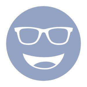 Circular icon with a smiling face wearing glasses in light blue, representing the E30 Blue lens tint.