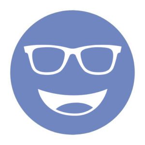 Circular icon with a smiling face wearing glasses in dark blue, representing the E50 Blue lens tint.