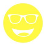 Circular icon with a smiling face wearing glasses in bright yellow, representing the Eschenbach Yellow lens tint.