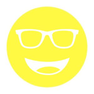 Circular icon with a smiling face wearing glasses in bright yellow, representing the Eschenbach Yellow lens tint.