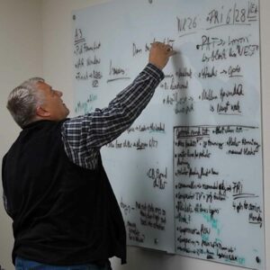 leadership-staff12 Man in a plaid shirt and black vest writes on a large whiteboard covered with handwritten notes and diagrams, appearing focused on the task.