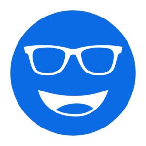 Circular icon with a smiling face wearing glasses in bright blue, representing the Noir-26 lens tint.