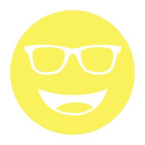 Circular icon with a smiling face wearing glasses in bright yellow, representing the Noir-33 lens tint.