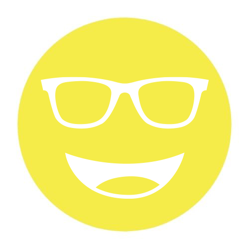 Circular icon with a smiling face wearing glasses in bright yellow, representing the Noir-50 lens tint.