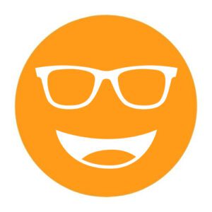 Circular icon with a smiling face wearing glasses in orange, representing the Noir #505 lens tint.