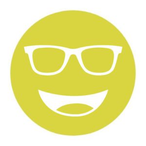 Circular icon with a smiling face wearing glasses in lemon yellow, representing the Noir-55 lens tint.