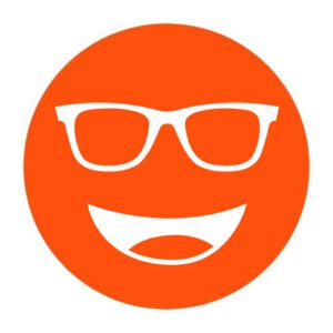 Circular icon with a smiling face wearing glasses in red/orange, representing the Noir #553 lens tint.