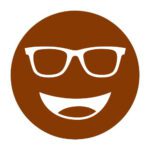 Circular icon with a smiling face wearing glasses in dark brown, representing the Noir #69 lens tint.