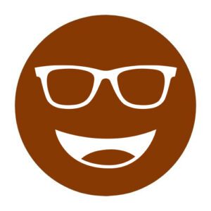 Circular icon with a smiling face wearing glasses in dark brown, representing the Noir #69 lens tint.
