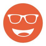 Circular icon with a smiling face wearing glasses in bright orange, representing the Noir #75 lens tint.