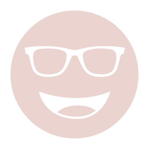 Circular icon with a smiling face wearing glasses in light pink, representing the Noir-88 lens tint.