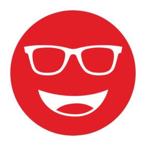 Circular icon with a smiling face wearing glasses in bold red, representing the Noir #93 lens tint.
