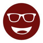 Circular icon with a smiling face wearing glasses in deep red, representing the Noir #99 lens tint.