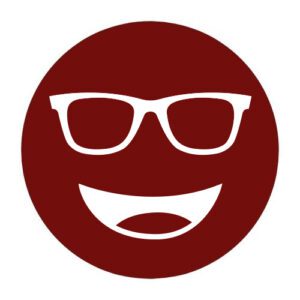 Circular icon with a smiling face wearing glasses in deep red, representing the Noir #99 lens tint.
