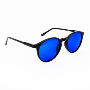 Black frame glasses with blue-tinted lenses, designed as SightSoothe epilepsy glasses to reduce photosensitivity, shown at an angle.