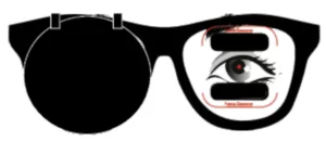 peli template Illustration of specialized glasses with a blacked-out left lens and cutout sections on the right lens, showing an eye through the lens for prism alignment.